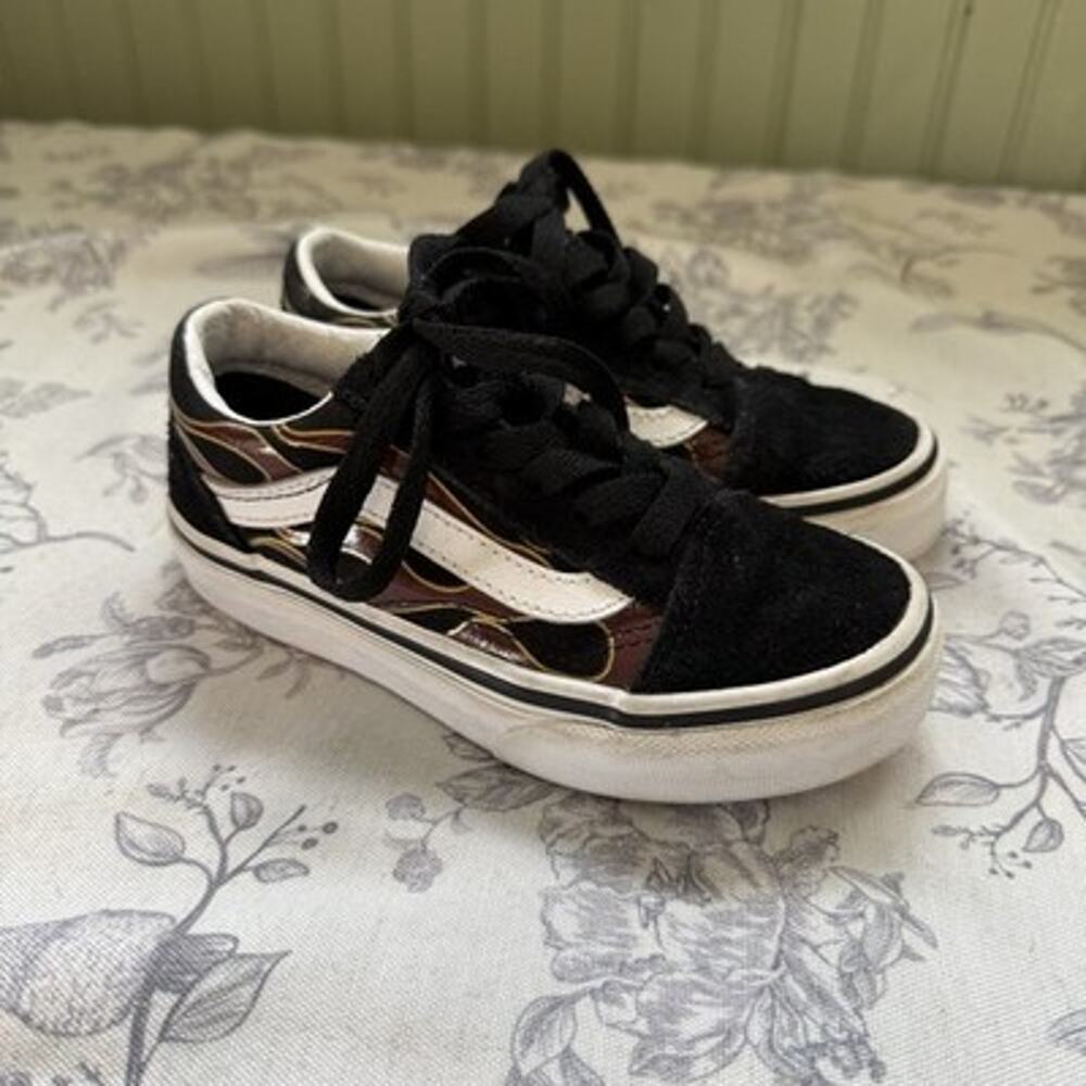 Vans Kids Old Skool Size 11 Black Metallic Flame Sneakers Lace Up Skate Shoes